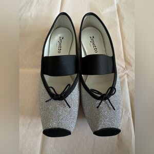 Repetto Silver Glitter Flats with Black Accents